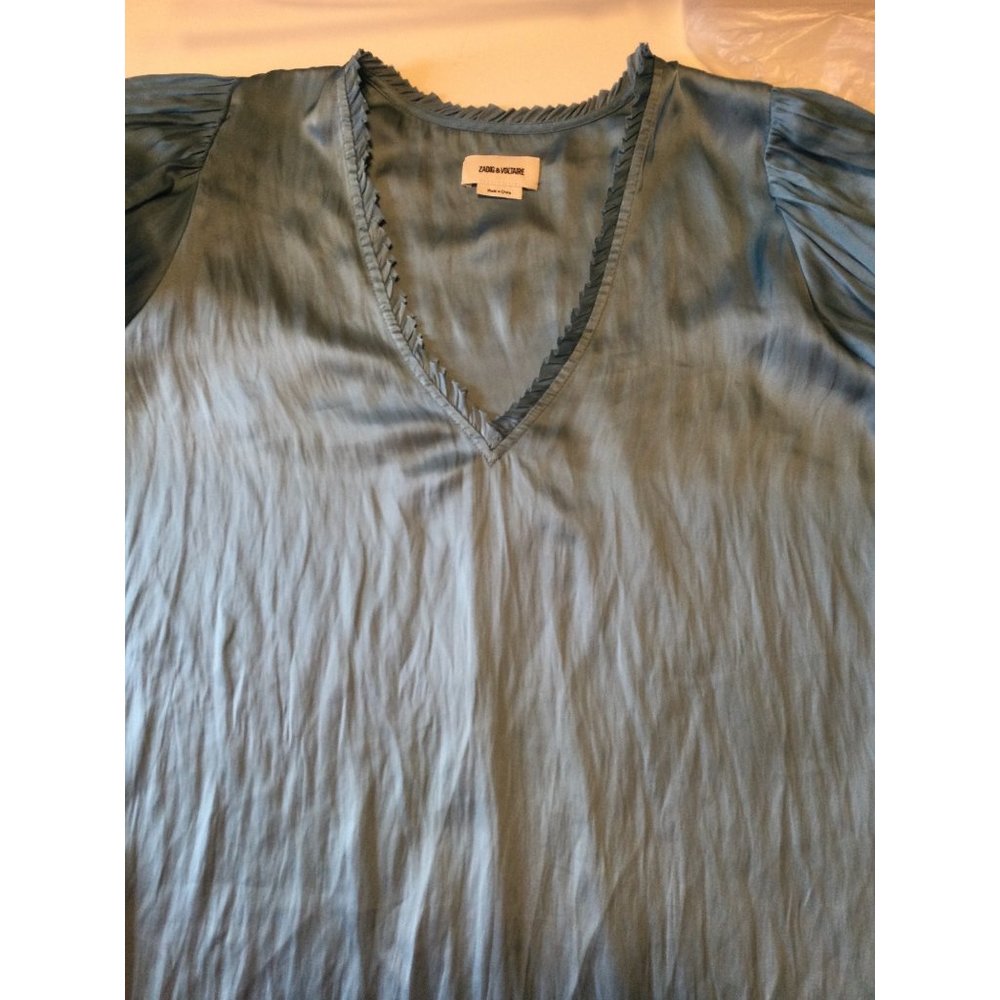 Zadig & Voltaire Women's Taste Tiered Puff Sleeve Satin Top. Large. LIGHT BLUE - Picture 5 of 9